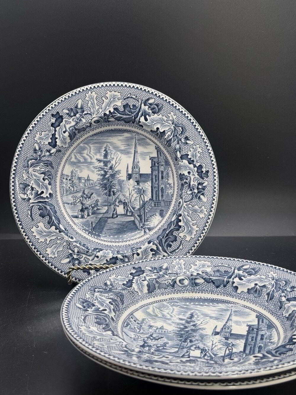 Johnson Brothers Historic America Blue 3 Rim Soup Bowls 8" Michigan Ave Chicago